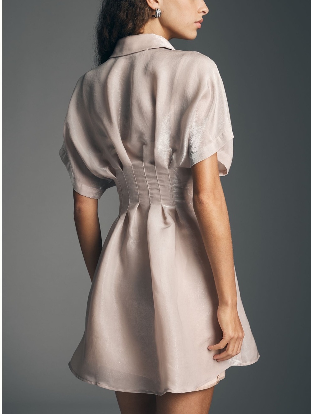 Exquise Tobie Mini Shirt-l Dress Collared Button Front Organza New Medium Silver